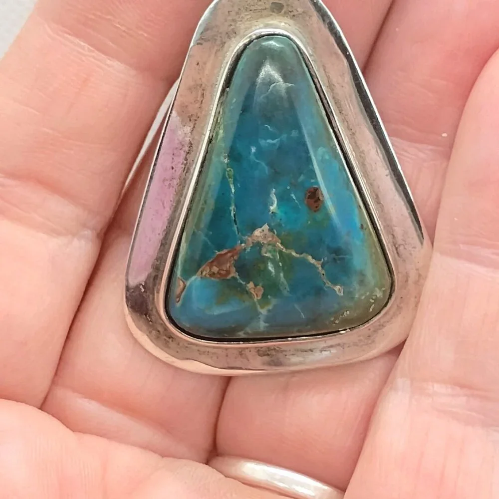 Stunning 950 Silver Blue Green Matrix Turquoise Pendant Triangle Shaped - Picture 3 of 10